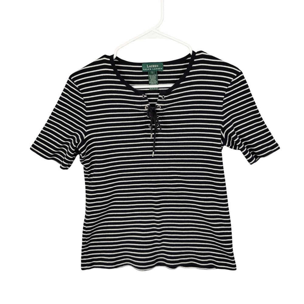 Ralph Lauren LRL Parisian Preppy Striped Lace Neck Short Sleeve Top Womens Large
